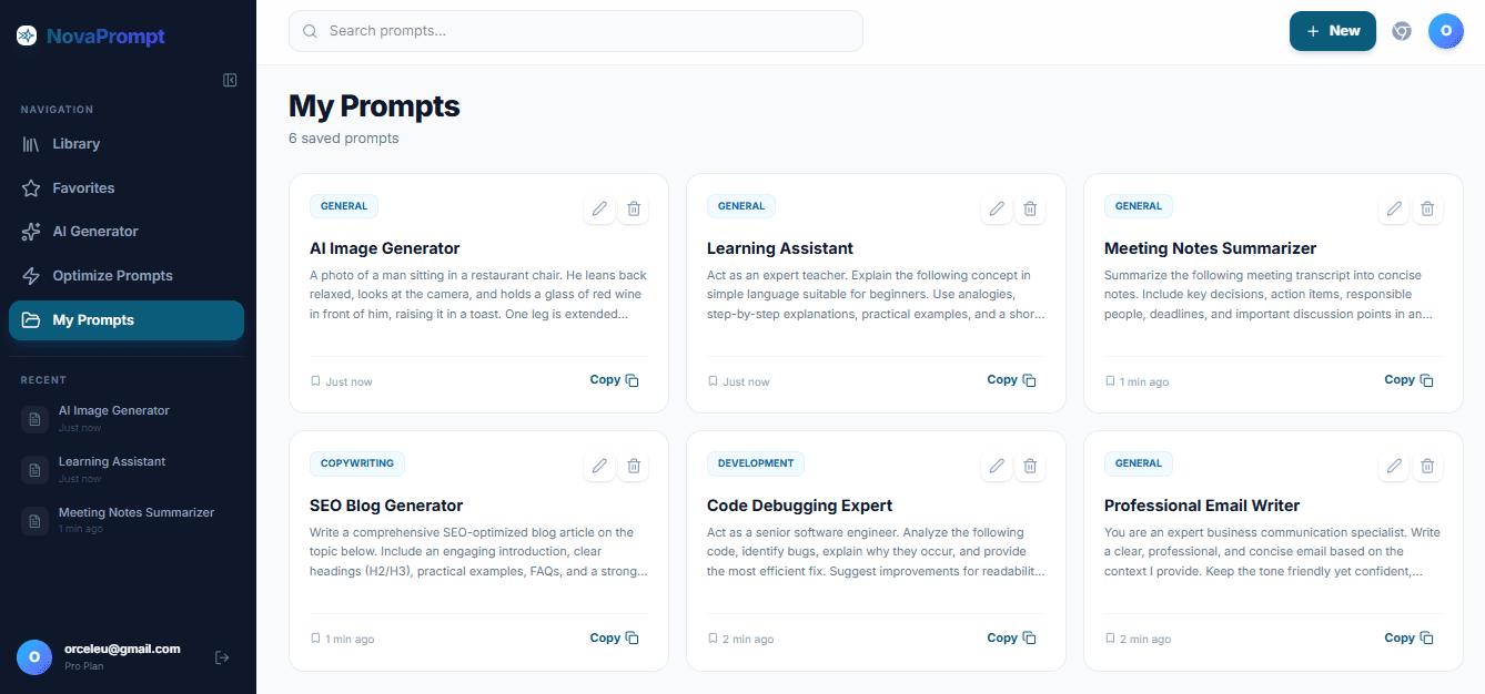 NovaPrompt Dashboard Preview