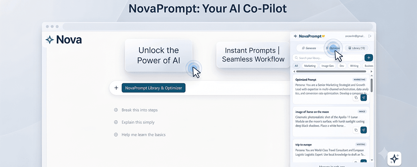 NovaPrompt browser extension showing prompt libraries and optimization tools